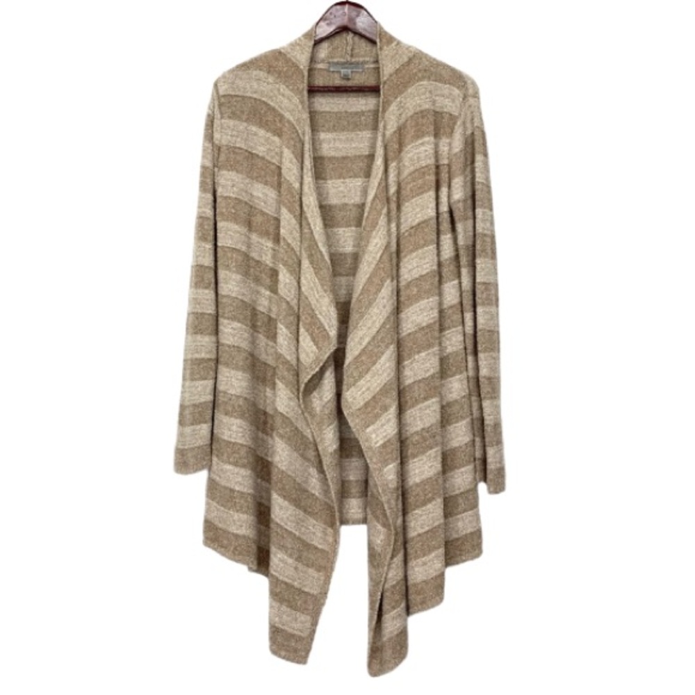 Barefoot Dreams Bamboo Chic Lite Striped Tan & Cream Fitted Waterfall Cardigan